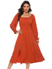 Robe mi-longue col carré manches longues orange rouge surdimensionné robe longue décontractée