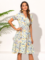 Robe mi-longue col en V manches courtes imprimé fleuri en mousseline de soie bleu ciel robe dété décontractée