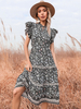 Robe mi-longue col en V manches courtes imprimé fleuri plissé polyester superposé