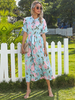 Robe mi-longue col en V manches courtes imprimé fleuri polyester superposé robe longue bohème verte