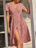 Robe mi-longue col en V manches courtes imprimé floral polyester robe dété décontractée fendue devant