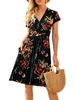 Robe mi-longue col en V manches courtes polyester noir rouge longueur genou robe dété