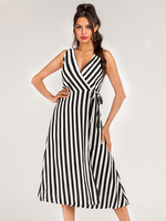 Robe mi-longue col en V sans manches à rayures motif à lacets surdimensionné en polyester décontracté longue robe