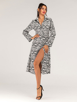 Robe mi-longue col rabattu manches longues imprimé animal boutons polyester surdimensionné robe chemise maxi décontractée