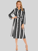 Robe Mi-longue Col Rabattu Manches Longues Rayures Motif Ceinture Oversize Polyester Noir Décontractée Robe Longue