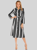 Robe Mi-longue Col Rabattu Manches Longues Rayures Motif Ceinture Oversize Polyester Noir Décontractée Robe Longue