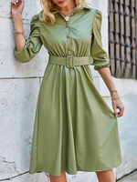 Robe Mi-longue en Cuir Synthétique à Col Revers avec Manches Mi-longues Coupe Cintrée avec Ceinture Bas Evasée Unicolore