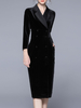 Robe Mi-longue en Velours à Col Revers avec Manches Longues Coupe Cintrée avec Poches Unicolore Robe Femme