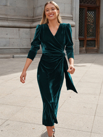 Robe mi-longue en velours abricot manches longues à lacets robes en velours à col en V