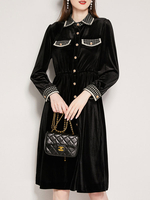 Robe Mi-longue en Velours Femme à Col Revers avec Manches Longues Coupe Cintrée Bicolores