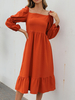 Robe Mi-Longue Femme à Col Carré avec Manches Longues Amples Coupe Cintrée Bas Evasée Unicolore