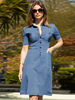Robe Mi-longue Femme à Col Revers avec Manches Courtes avec Boutons Coupe Cintrée Unicolore avec Poches