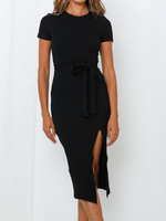 Robe Mi-longue Femme à Col Rond avec Manches Courtes Coupe Cintrée à Lacets avec Fente Unicolore Robe Eté