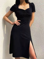 Robe Mi-longue Femme à Col V avec Manches Courtes Coupe Cintrée avec Fente Unicolore Robe Sexy