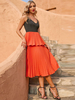 Robe Mi-longue Femme avec Bretelles à Col Décolleté en V Coupe Cintrée Bas Evasée Bicolores