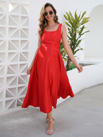 Robe Mi-longue Femme avec Bretelles à Col Rond Coupe Cintrée Bas Evasée Unicolore
