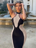 Robe Mi-longue Femme avec Bretelles avec Epaule Dénudée Coupe Cintrée Bicolores