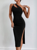 Robe Mi-longue Femme avec Bretelles Coupe Cintrée avec Fente Unicolore Robe de Soirée Robe Sexy