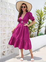 Robe Mi-longue Femme avec Manches Courtes Amples à Col Décolleté Coupe Cintrée à Ceinture Bas Evasée Unicolore