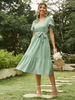 Robe Mi-longue Femme avec Manches Courtes Amples à Col V Coupe Cintrée à Lacets Bas Evasée Unicolore