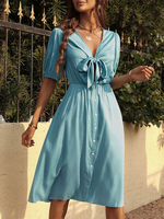 Robe Mi-longue Femme avec Manches Courtes Coupe Cintrée à Lacets Unicolore