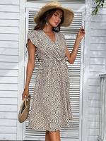 Robe Mi-longue Femme avec Manches Courtes Volantes à Col V Coupe Cintrée Bas Evasée