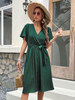 Robe Mi-longue Femme avec Manches Courtes Volantes à Col V Coupe Cintrée Bas Evasée