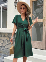Robe Mi-longue Femme avec Manches Courtes Volantes à Col V Coupe Cintrée Bas Evasée