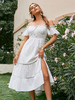 Robe Mi-longue Femme avec Manches Courtes Volantes avec Epaule Dénudée Coupe Cintrée Bas Evasée avec Fente Unicolore
