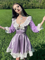 Robe mi-longue femme col en cœur manches longues dentelle plissée polyester robe gothique violet clair