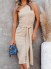 Robe Mi-longue Femme en Mousseline avec Bretelle avec Epaule Dénudée Coupe Cintrée à Lacets Unicolore Robe Eté