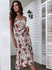 Robe Mi-longue Femme Imprimé avec Bretelles avec Epaule Dénudée Coupe Cintrée Bas Evasée