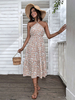 Robe Mi-longue Femme Imprimé avec Bretelles avec Epaule Dénudée Coupe Cintrée Bas Evasée