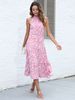 Robe Mi-longue Femme Imprimé avec Epaule Dénudée Coupe Cintrée Bas Evasée Bicolores