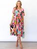 Robe Mi-longue Femme Imprimé avec Manches Courtes à Col V Coupe Cintrée Robe Eté