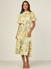Robe Mi-longue Femme Imprimé avec Manches Courtes Amples Coupe Cintrée Bas Evasée