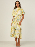 Robe Mi-longue Femme Imprimé avec Manches Courtes Amples Coupe Cintrée Bas Evasée