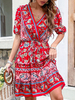 Robe Mi-longue Femme Imprimé avec Manches Courtes Coupe Cintrée à Lacets