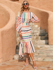 Robe Mi-longue Femme Imprimé avec Manches Longues Amples à Col Rond Coupe Cintrée Bas Evasée