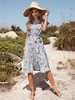 Robe Mi-longue Femme Imprimé Fleurie à Col Rond avec Manches Courtes Coupe Cintrée à Lacets Bas Evasée