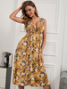 Robe Mi-longue Femme Imprimé Fleurie avec Bretelles à Col Décolleté Coupe Cintrée Bas Evasée
