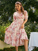 Robe Mi-longue Femme Imprimé Fleurie avec Manches Courtes Amples à Col V Coupe Cintrée Bas Evasée