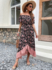 Robe Mi-longue Femme Imprimé Fleurie avec Manches Courtes avec Epaules Dénudées Coupe Cintrée avec Fente
