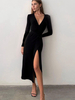 Robe Mi-longue Femme Moulante à Col Décolleté en V avec Manches Longues Coupe Cintrée avec Fente Unicolore