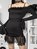 Robe mi-longue femme noire à manches longues et bretelles en polyester plissée robe gothique
