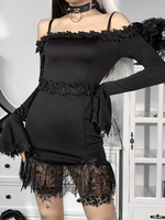Robe mi-longue femme noire à manches longues et bretelles en polyester plissée robe gothique