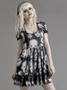 Robe mi-longue femme noire col bijou manches courtes dentelle plissée polyester robe gothique