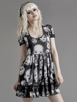 Robe mi-longue femme noire col bijou manches courtes dentelle plissée polyester robe gothique