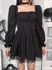 Robe mi-longue femme noire col carré manches longues dentelle plissée polyester robe gothique