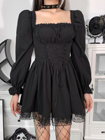 Robe mi-longue femme noire col carré manches longues dentelle plissée polyester robe gothique